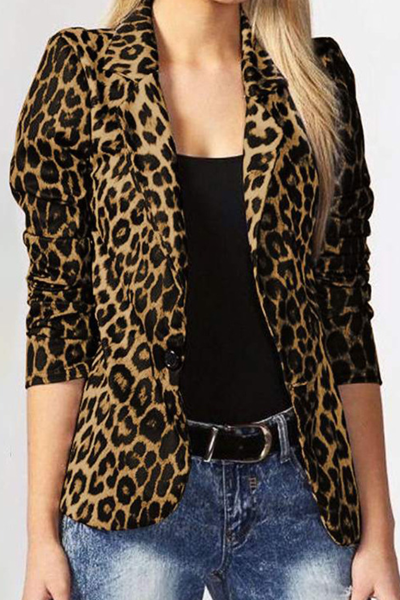 Casual Leopard Patchwork Turndown Collar Outerwear