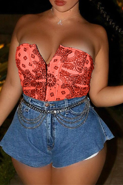Sexy Print Split Joint Strapless Mid Waist Tops