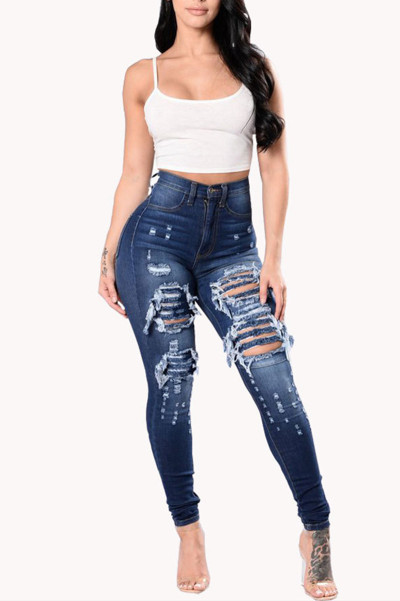Fashion Casual Solid Ripped Skinny Denim Jeans
