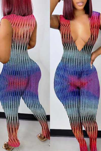 Sexy Print Split Joint V Neck Regular Jumpsuits