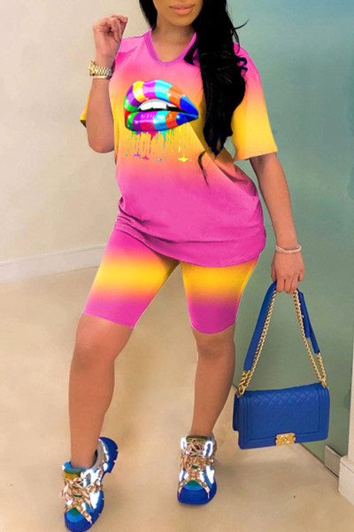 Casual Gradual Change Print Patchwork O Neck Short Sleeve Two Pieces
