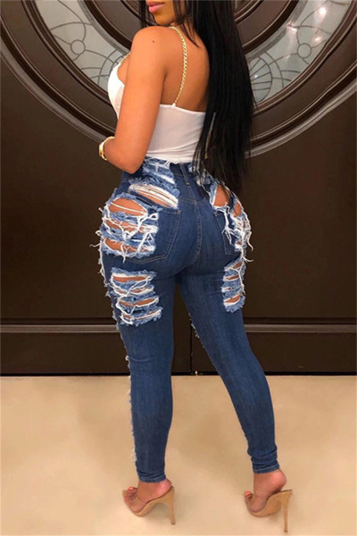 Fashion Casual Solid Ripped High Waist Skinny Denim Jeans