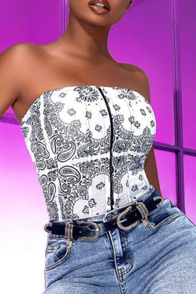 Sexy Print Split Joint Strapless Mid Waist Tops