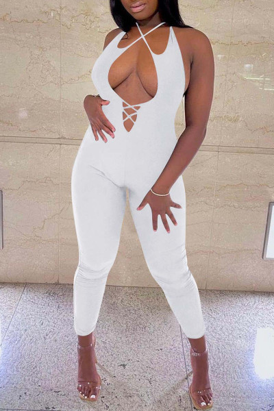 Sexy Solid Split Joint Backless Halter Skinny Jumpsuits
