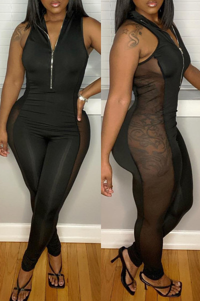 Sexy Casual Solid Patchwork See-through Zipper Collar Skinny Jumpsuits