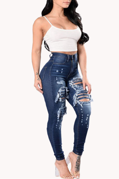 Fashion Casual Solid Ripped Skinny Denim Jeans