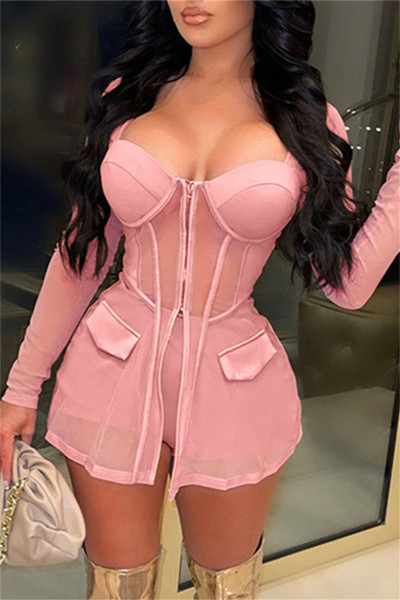 Fashion Sexy Patchwork See-through Slit Square Collar Long Sleeve Two Pieces