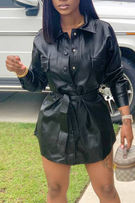 Casual Street Solid Patchwork Buckle With Belt Turndown Collar Outerwear