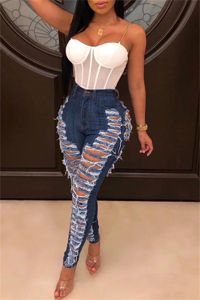 Fashion Casual Solid Ripped High Waist Skinny Denim Jeans