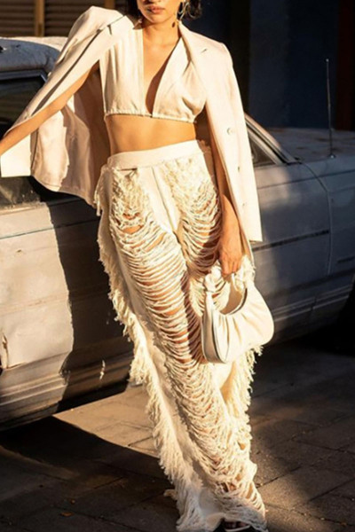 Sexy Solid Tassel Hollowed Out Patchwork Straight High Waist Straight Solid Color Bottoms