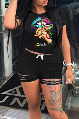 Casual Print Hollowed Out Split Joint O Neck Short Sleeve Two Pieces