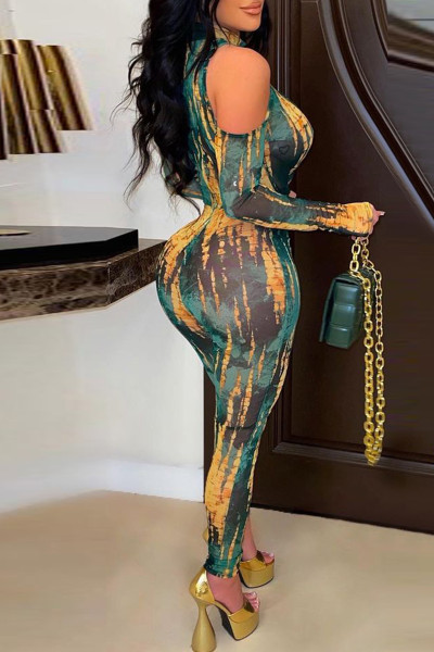 Fashion Sexy Print Hollowed Out See-through Turtleneck Skinny Jumpsuits