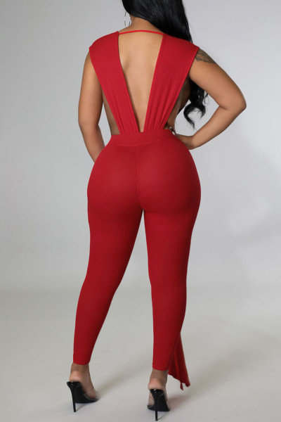 Sexy Solid Split Joint Backless Asymmetrical V Neck Regular Jumpsuits