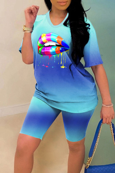 Casual Gradual Change Print Patchwork O Neck Short Sleeve Two Pieces