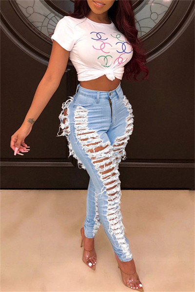 Fashion Casual Solid Ripped High Waist Skinny Denim Jeans