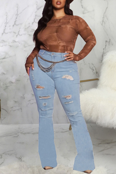 Fashion Casual Solid Ripped High Waist Regular Denim Jeans(Without Waist Chain)