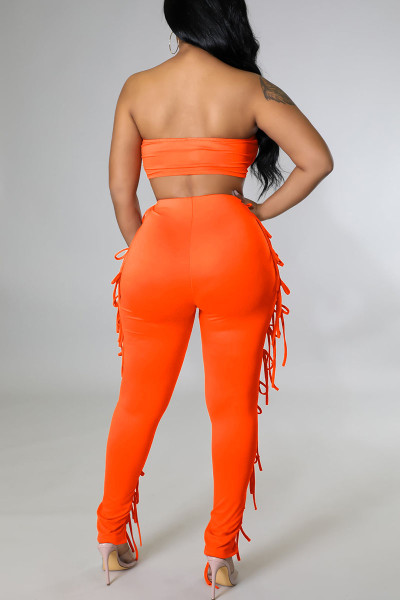 Sexy Solid Hollowed Out Split Joint Frenulum Strapless Sleeveless Two Pieces