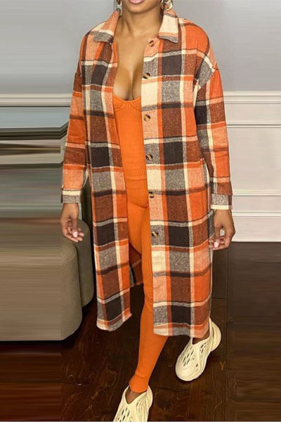 Fashion Casual Plaid Print Cardigan Turndown Collar Outerwear