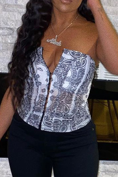 Sexy Print Split Joint Strapless Mid Waist Tops