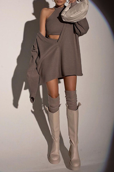 Sexy Solid Split Joint V Neck Long Sleeve Two Pieces