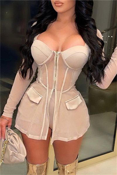 Fashion Sexy Patchwork See-through Slit Square Collar Long Sleeve Two Pieces