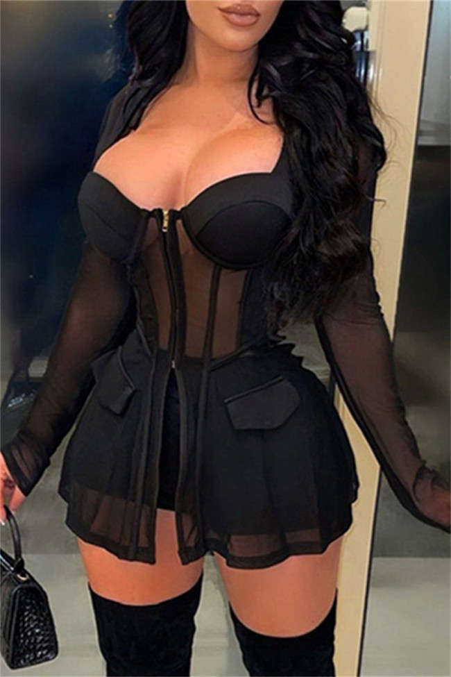 Fashion Sexy Patchwork See-through Slit Square Collar Long Sleeve Two Pieces