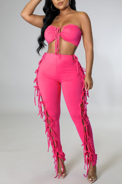 Sexy Solid Hollowed Out Split Joint Frenulum Strapless Sleeveless Two Pieces