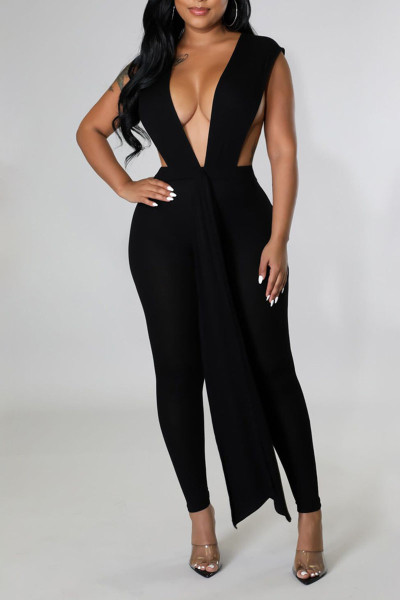 Sexy Solid Split Joint Backless Asymmetrical V Neck Regular Jumpsuits