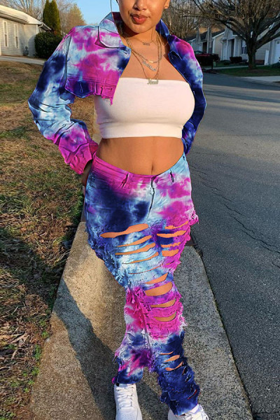 Casual Print Tie-dye Turndown Collar Outerwear
