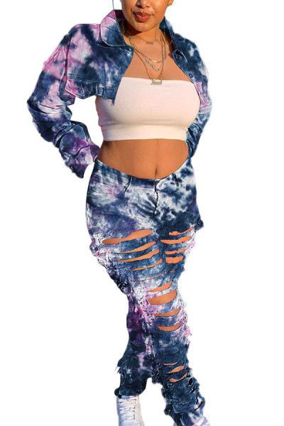 Casual Print Tie-dye Turndown Collar Outerwear