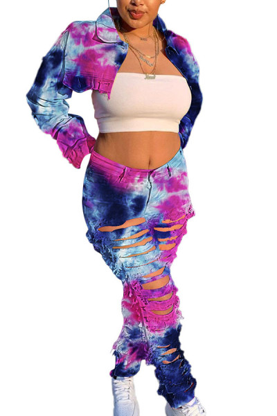 Casual Print Tie-dye Turndown Collar Outerwear