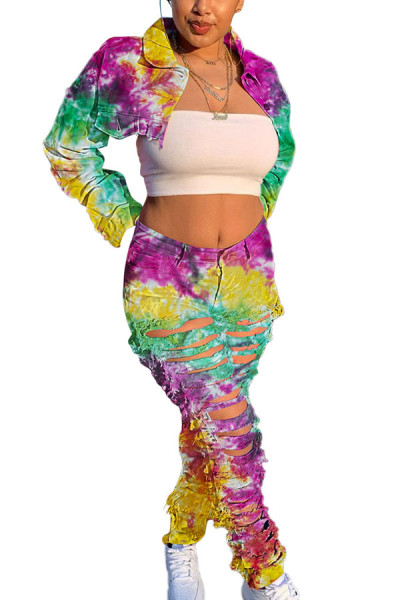 Casual Print Tie-dye Turndown Collar Outerwear
