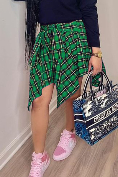 Fashion Street Plaid Print Bandage Patchwork Asymmetrical High Waist Type A Full Print Bottoms