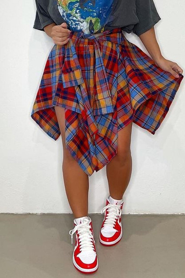 Fashion Street Plaid Print Bandage Patchwork Asymmetrical High Waist Type A Full Print Bottoms