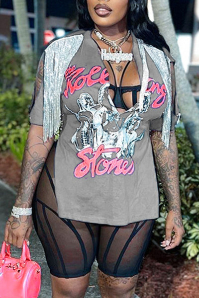Sexy Street Print Tassel Patchwork Slit V Neck T-Shirts