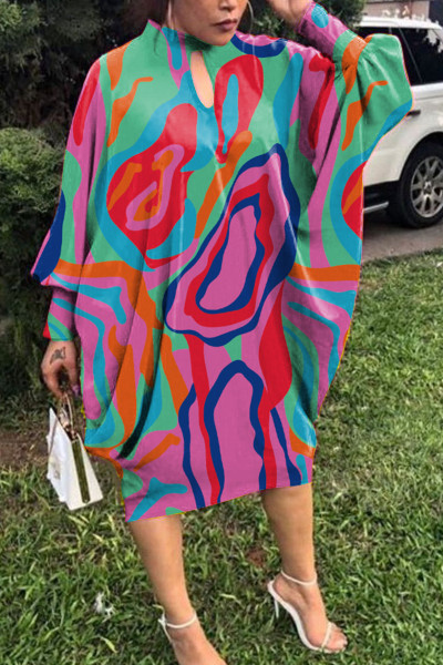 Fashion Casual Print Hollowed Out Half A Turtleneck Long Sleeve Dresses
