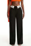 Elegant Solid Patchwork Pocket Buttons Straight Low Waist Straight Patchwork Bottoms