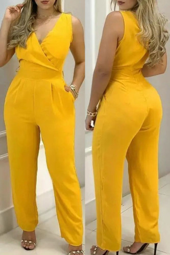 Casual Solid Patchwork V Neck Regular Jumpsuits