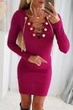 Casual Solid Chains V Neck Long Sleeve Dresses