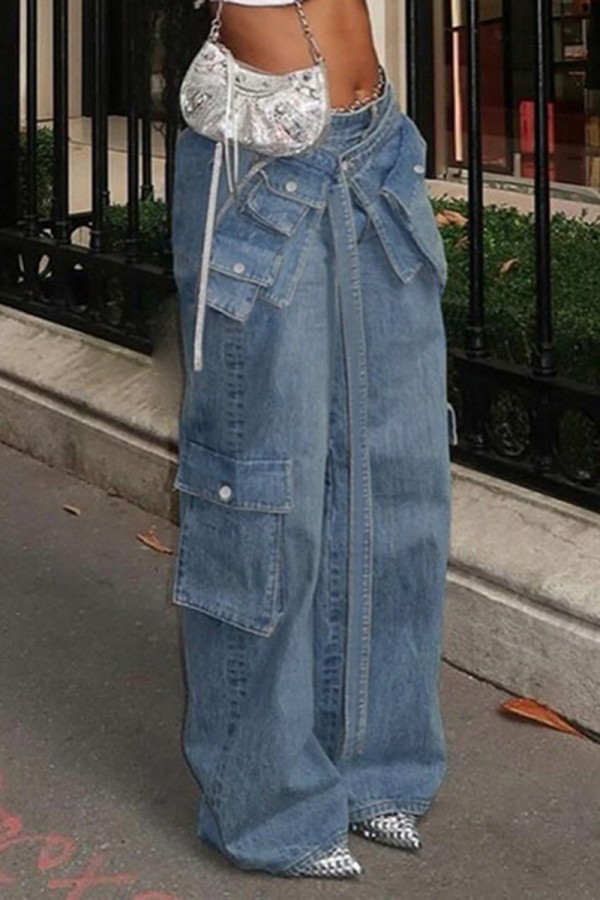 Casual Solid Patchwork Low Waist Regular Denim Jeans