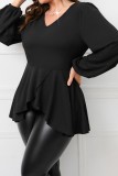 Casual Solid Patchwork V Neck Plus Size Tops
