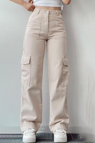 Casual Solid Pocket Buttons Loose Mid Waist Straight Solid Color Bottoms