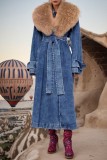 Casual Solid Patchwork With Belt Turndown Collar Long Sleeve Regular Denim Jacket