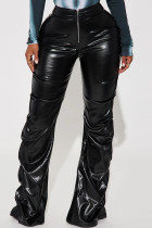 Casual Solid Patchwork Fold Skinny High Waist Conventional Solid Color Trousers