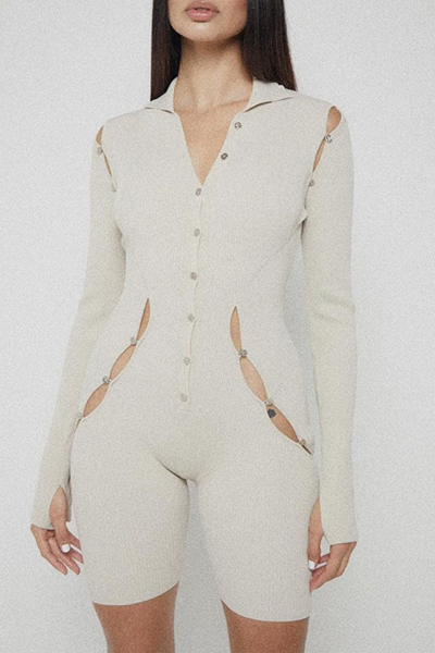Sexy Solid Hollowed Out Turndown Collar Skinny Rompers