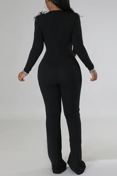 Sexy Solid Patchwork Feathers Hot Drill V Neck Straight Jumpsuits