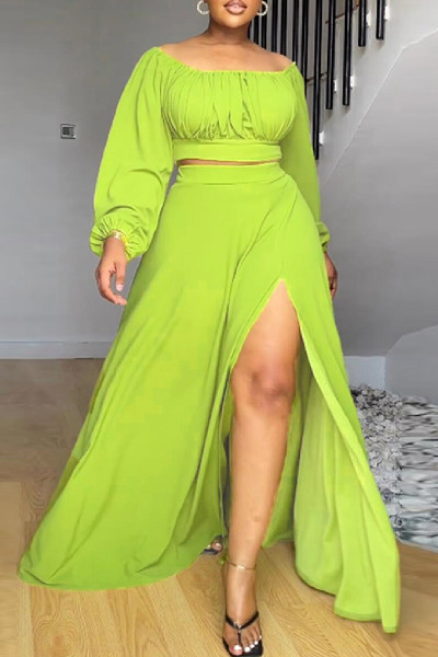 Casual Elegant Simplicity Slit Fold Solid Color Off the Shoulder Long Sleeve Two Pieces