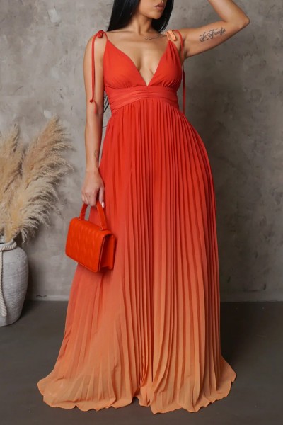 Sexy Casual Gradual Change Print Bandage Backless Pleated V Neck Long Dress Dresses