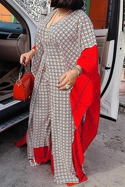 Casual Print Patchwork V Neck Long Sleeve Two Pieces