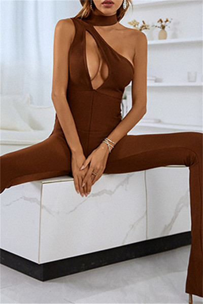 Sexy Casual Solid Hollowed Out Backless Turtleneck Regular Jumpsuits